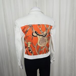 HTrailz Custom White Denim Jacket With Orange Equestrian Custom Back Jean Jacket
